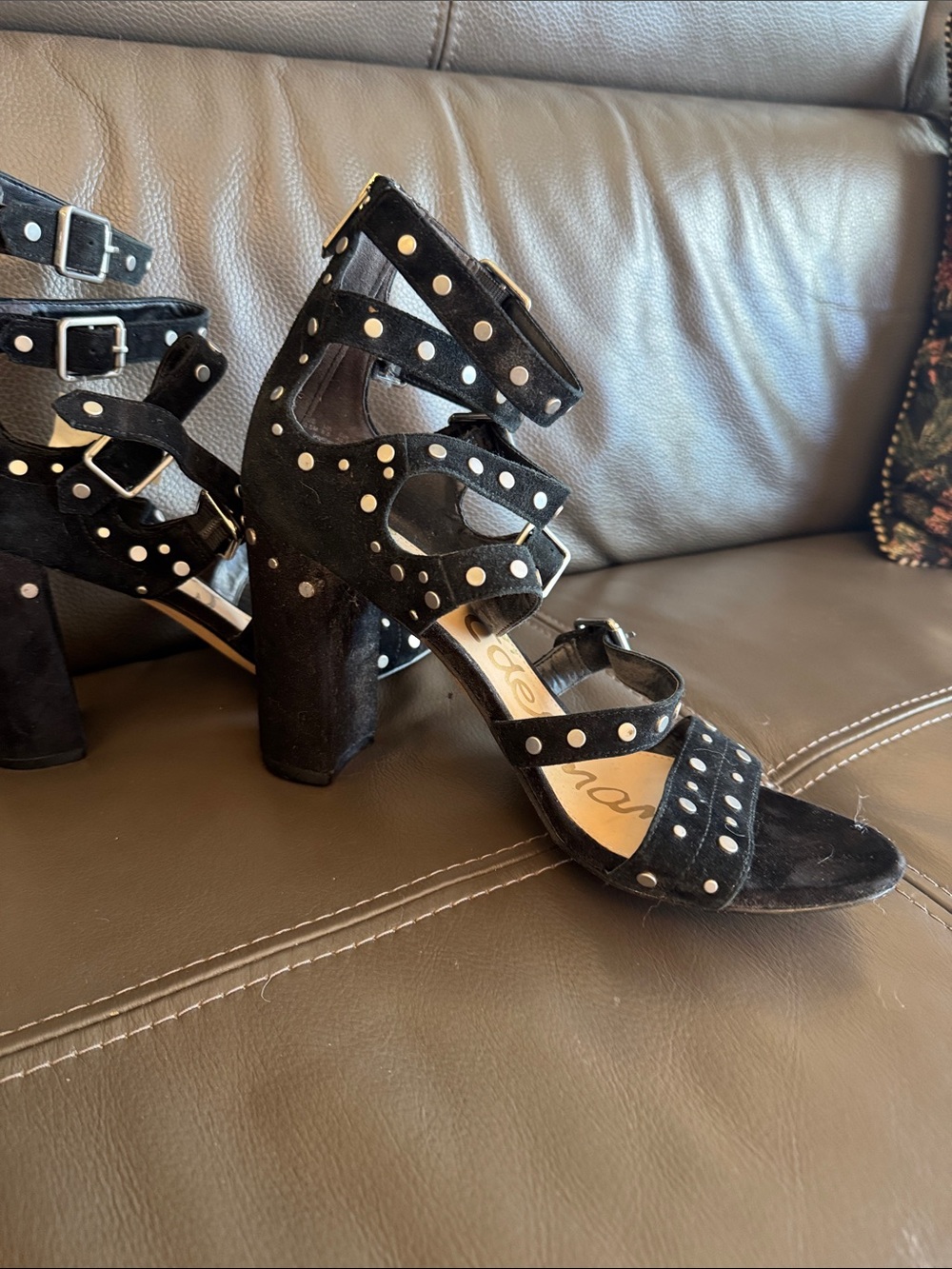Sam Edelman Black Suede Studded Buckle Block Heels - Picture 6 of 16